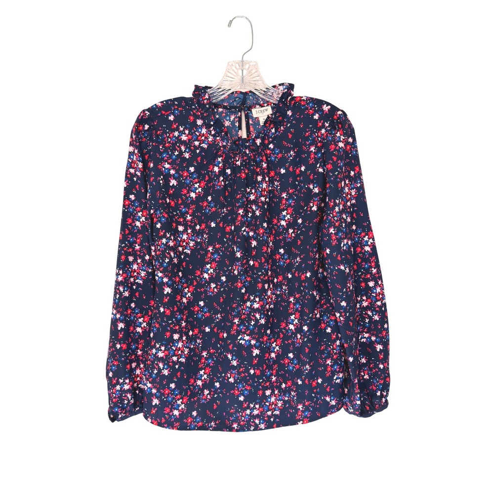 J.Crew Blouse Women's Blue Floral Long Sleeve‎ Ruffle Neck Dainty Work Small